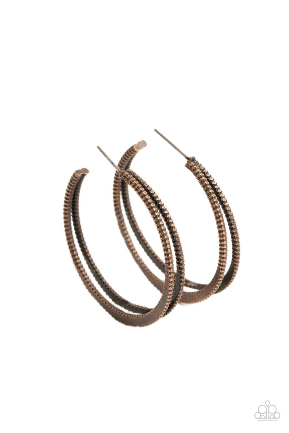 Paparazzi Accessories Rustic Curves - Copper Featuring textured edges, two copper crescent frames delicately curve into a bold double hoop for an edgy urban look. Earring attaches to a standard post fitting. Hoop measures approximately 1 1/2" in diameter.
