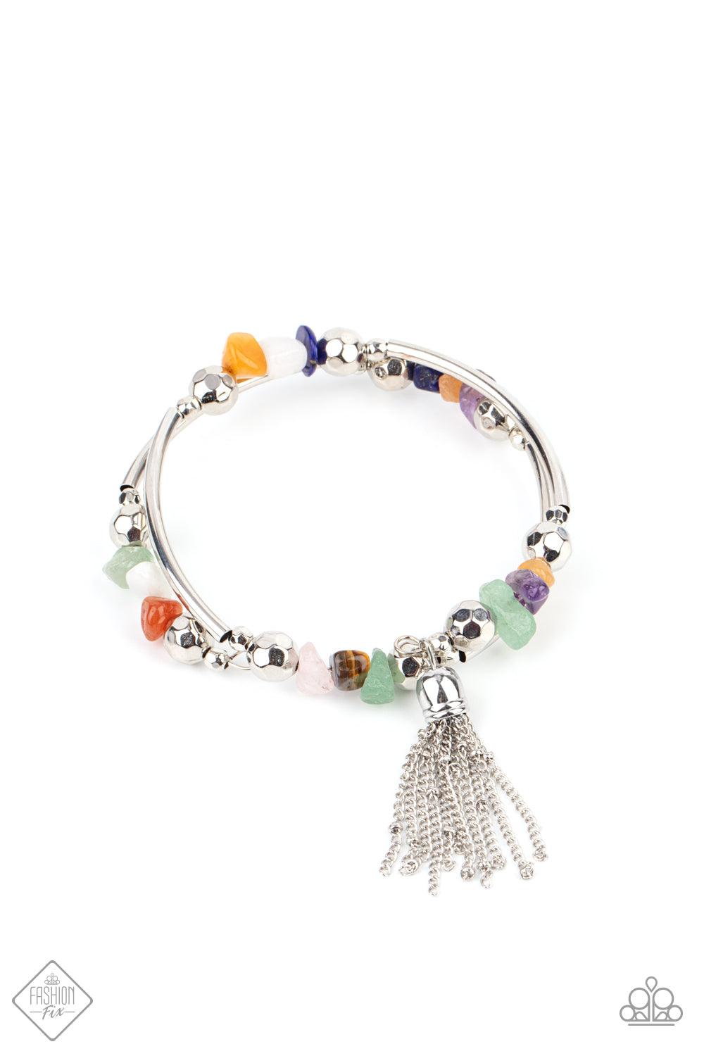 Paparazzi Accessories Mineral Mosaic - Multi An earthy collection of faceted silver beads, raw cut multicolored rock beads, and cylindrical silver accents are threaded along a coiled wire around the wrist for a grounding pop of color. A shimmery silver ch