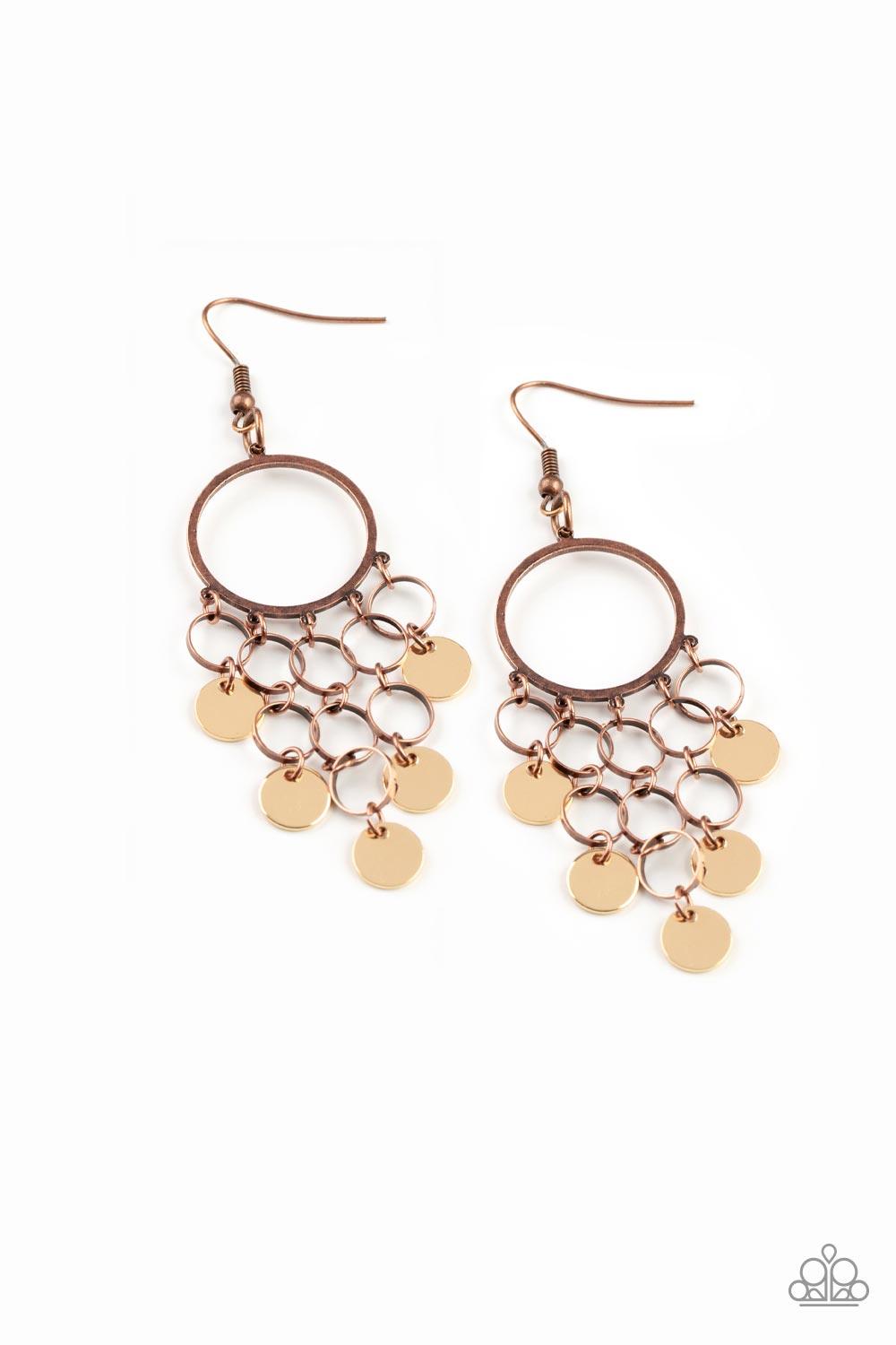 Paparazzi Accessories Cyber Chime - Multi Tapered rows of gold discs and dainty copper rings cascade from the bottom of an airy copper hoop, creating a chime-like fringe. Earring attaches to a standard fishhook fitting. Sold as one pair of earrings. Earri