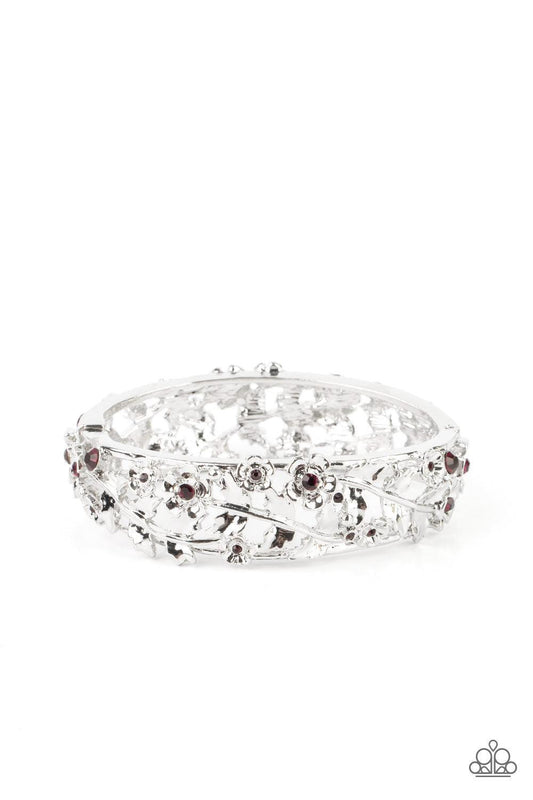Paparazzi Accessories Ripe for the Picking - Purple Dotted with dainty purple rhinestone centers, flowering leafy silver vines bloom into two oversized silver frames that delicately hinge into a versatile bangle-like bracelet. Features a hinged closure. S