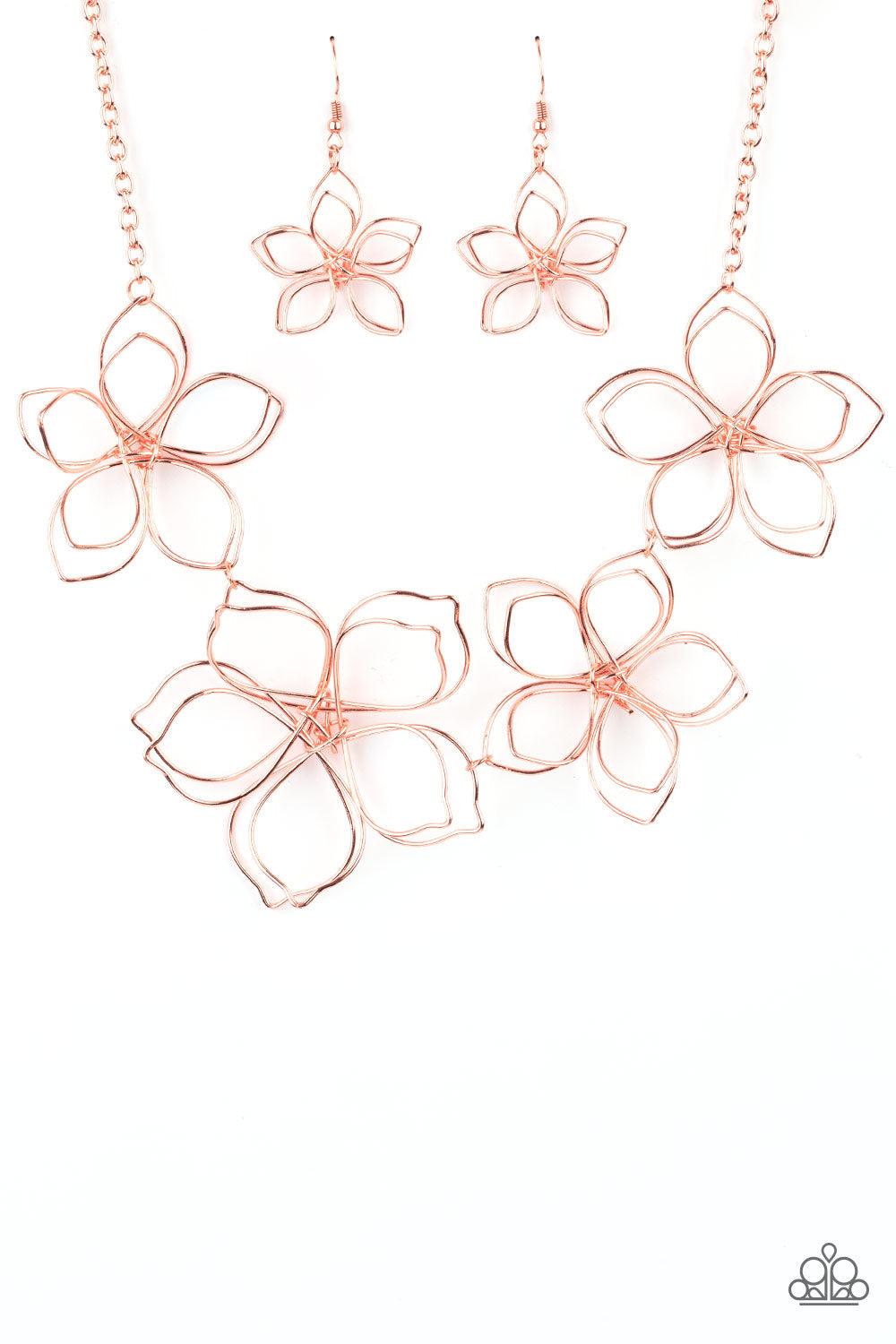Paparazzi Accessories Flower Garden Fashionista - Copper Shiny copper wire delicately twists into oversized blossoms. Varying in size, the airy floral frames delicately link into an asymmetrical display as the layered frames elegantly pop beneath the coll