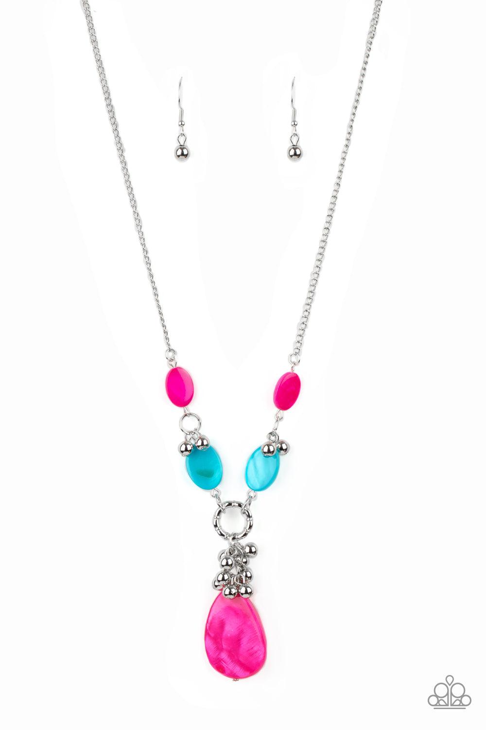 Paparazzi Accessories Summer Idol - Multi Oval blue and pink shell-like beads link with pairs of dainty silver beads below the collar. A cluster of shiny silver beads and oversized pink shell-like teardrop swings from the bottom, creating a vibrant summer