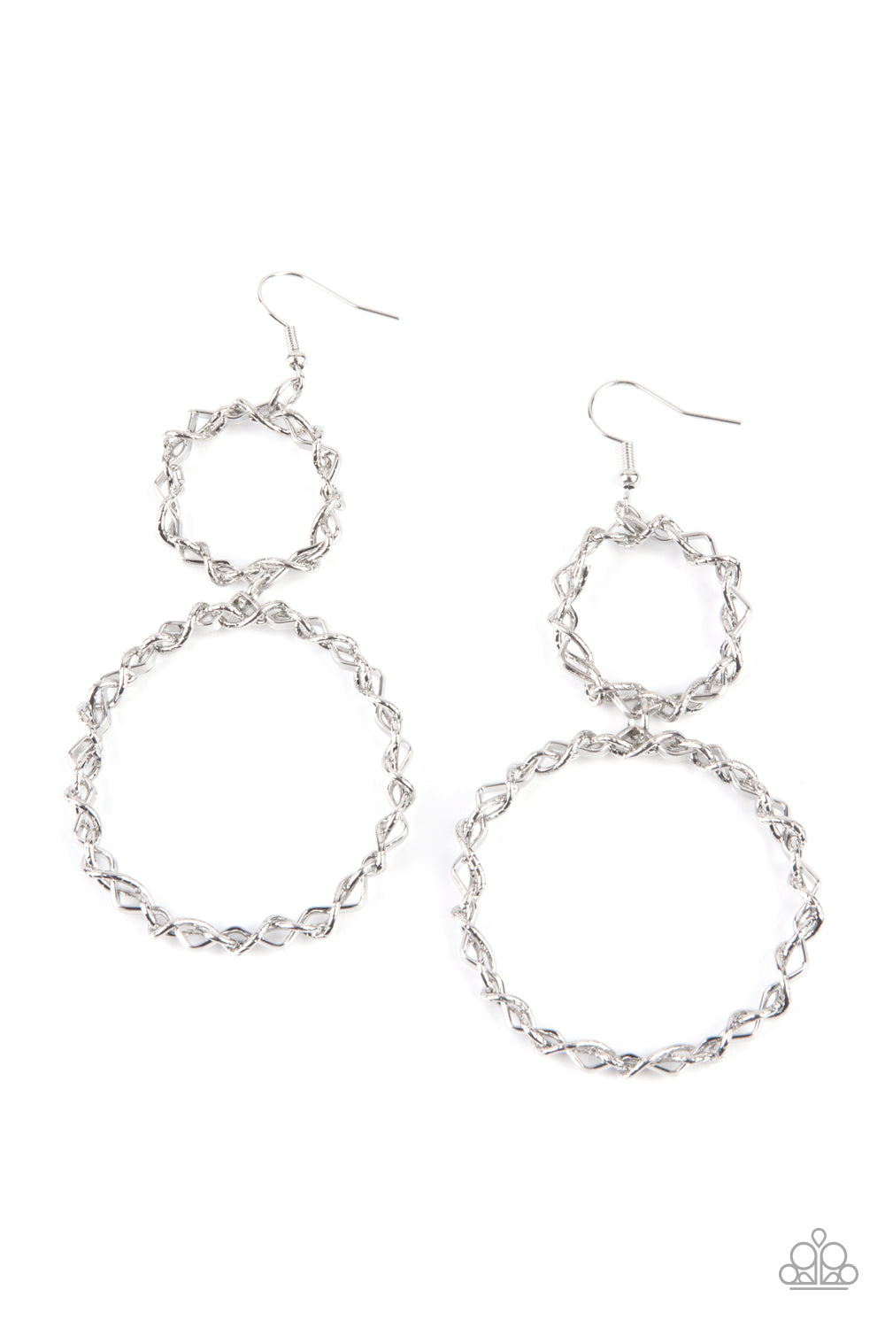 Paparazzi Accessories Twist of FABULOUS - Silver Strands of shiny and textured silver metal wires are twisted and braided together to form two rugged glittery rings. The larger ring connects to the bottom of the smaller ring, creating a striking lure with