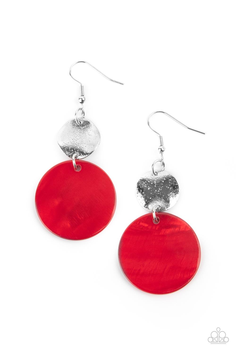 Paparazzi Accessories Opulently Oasis - Red An oversized shell-like disc is topped by a wavy, sparkling silver disc. The pair sways dramatically from a silver fitting for a breezy finish. Earring attaches to a standard fishhook fitting. Sold as one pair o