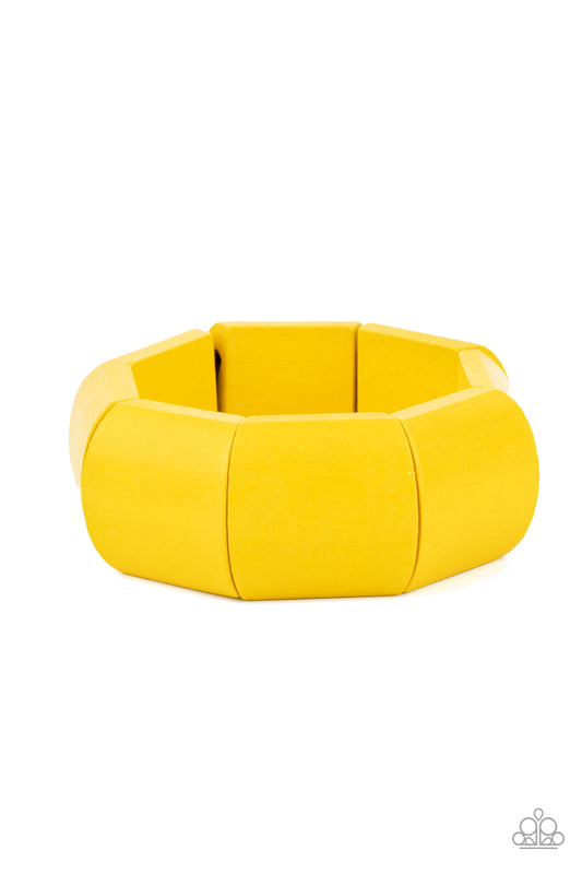 Paparazzi Accessories Coconut Cove - Yellow Painted in a sunny yellow finish, chunky geometric wooden beads are threaded along stretchy bands around the wrist for a colorful tropical inspired look. Sold as one individual bracelet. Jewelry