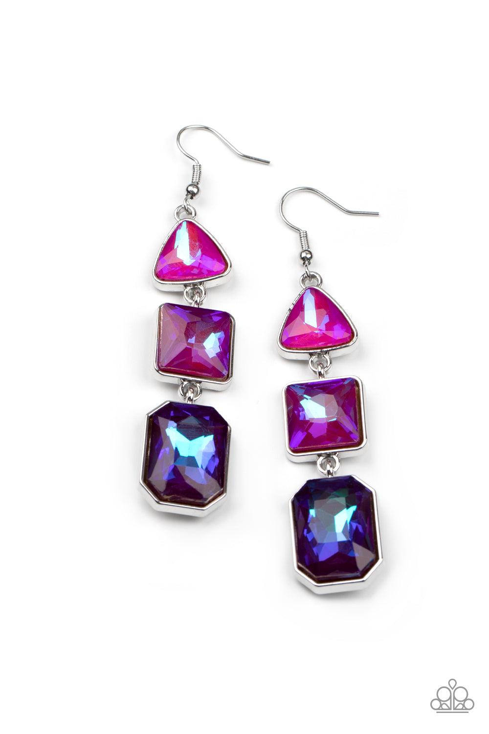 Paparazzi Accessories Cosmic Culture - Purple Featuring an iridescent UV shimmer, a trio of pink, purple, and blue geometrically shaped gems are pressed into silver frames that link together and culminate in a cosmically stellar lure. Earring attaches to