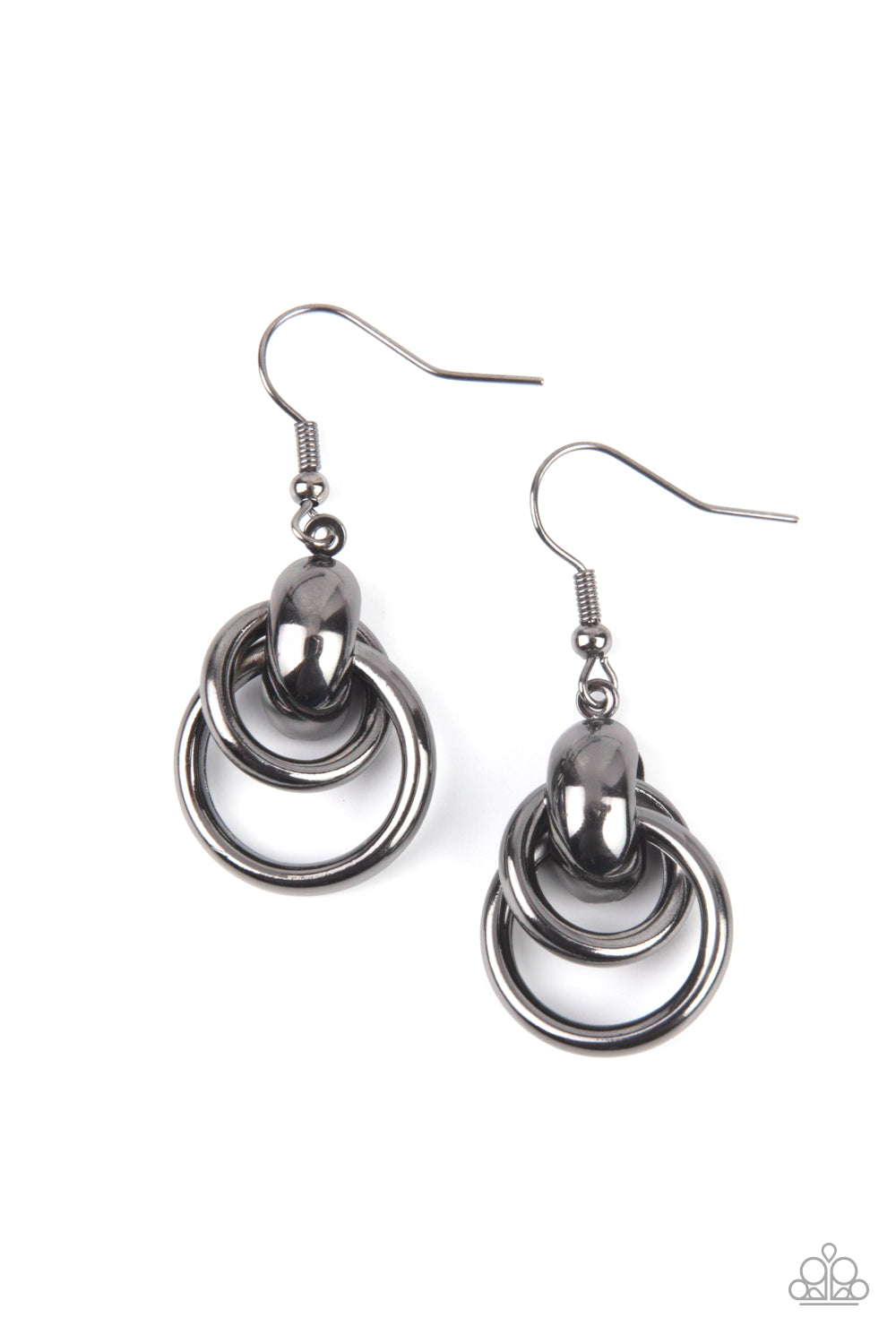 Paparazzi Accessories Running In Circles - Black Featuring a high sheen, two different sized gunmetal rings are held by a bold clasp for a simple yet daring design. Earring attaches to a standard fishhook fitting. Sold as one pair of earrings. Jewelry