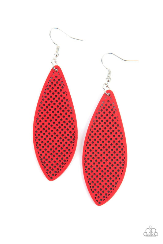 Paparazzi Accessories Surf Scene - Red In an asymmetrical surfboard-like shape, lightweight wooden frames are painted in a vibrant red finish and filled with a screen-like pattern creating a whimsically beachy design. Earring attaches to a standard fishho