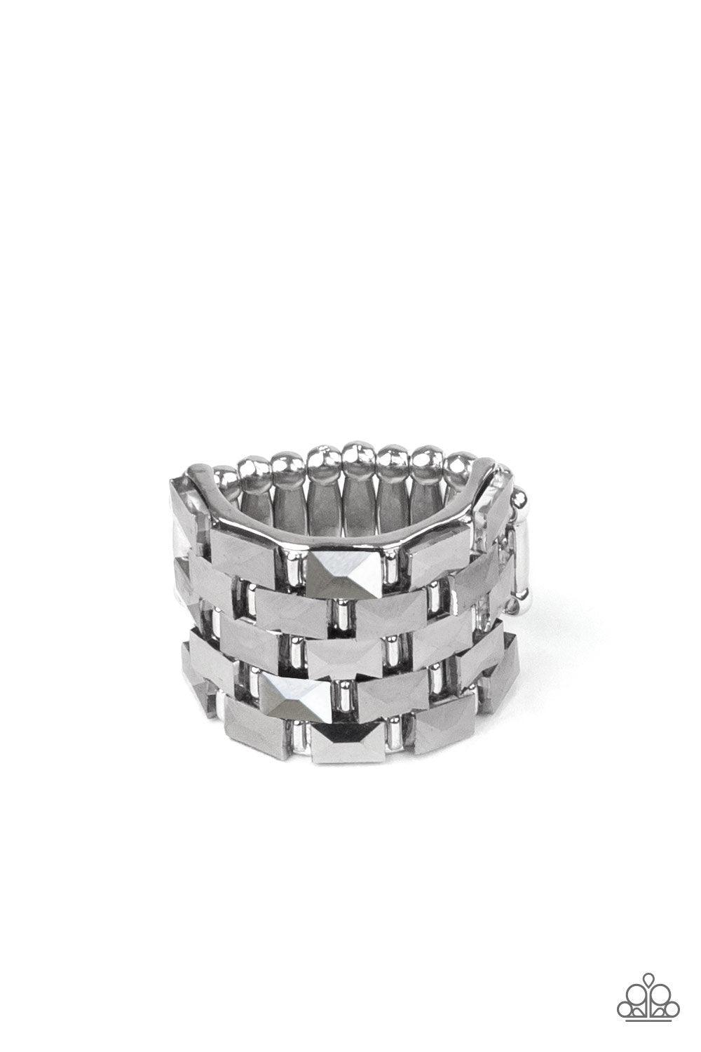 Paparazzi Accessories Checkered Couture - Silver Featuring a flashy faceted surface, staggered rows of rectangular hematite rhinestones alternate with shiny silver bar-like accents across a thick silver band for a gritty-glamorous statement atop the finge