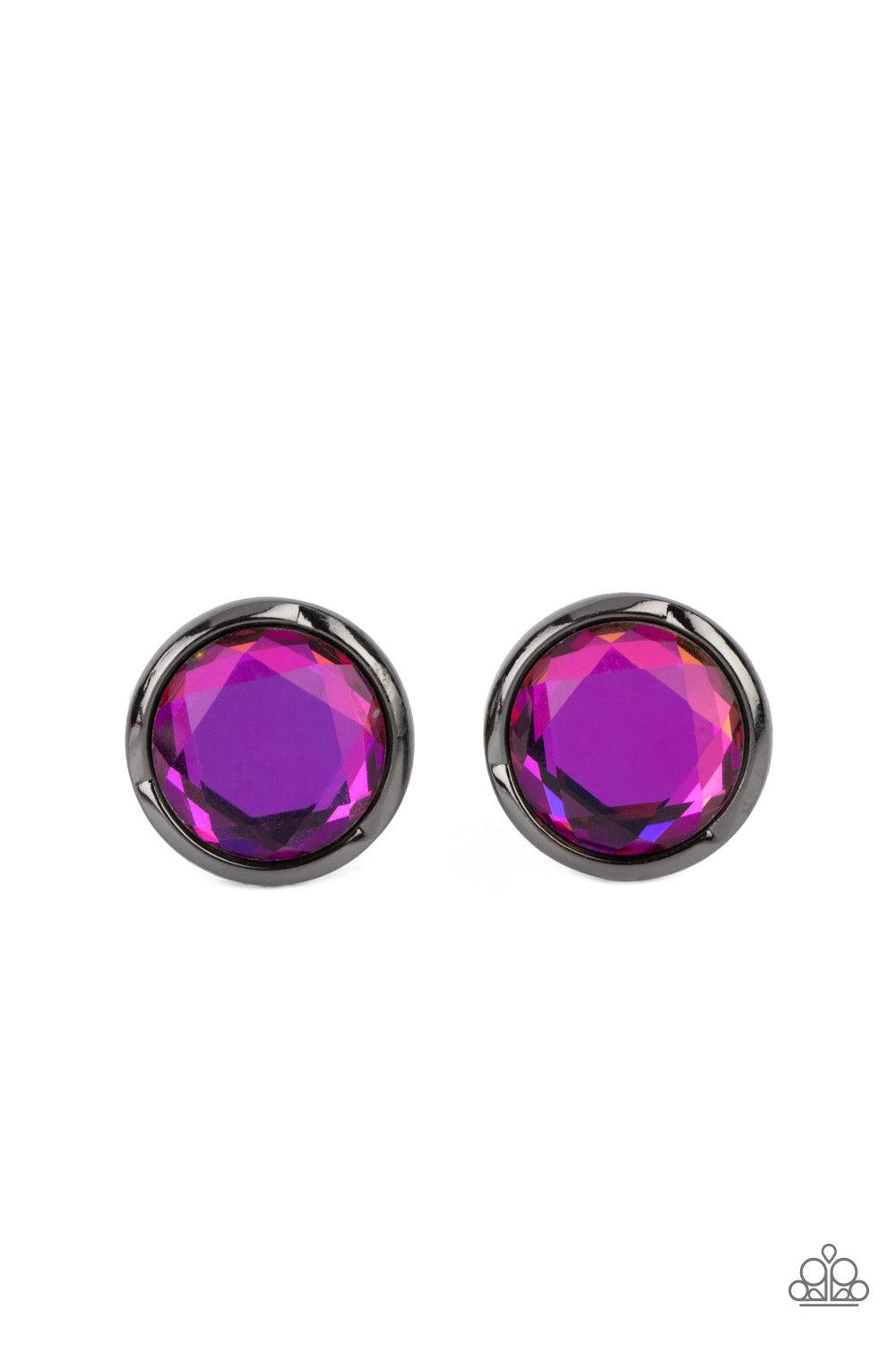 Paparazzi Accessories Double-Take Twinkle - Multi Featuring a flashy faceted finish, an oversized oil spill gem is pressed into a sleek gunmetal fitting for a dramatic pop of dazzle. Earring attaches to a standard post fitting. Sold as one pair of post ea