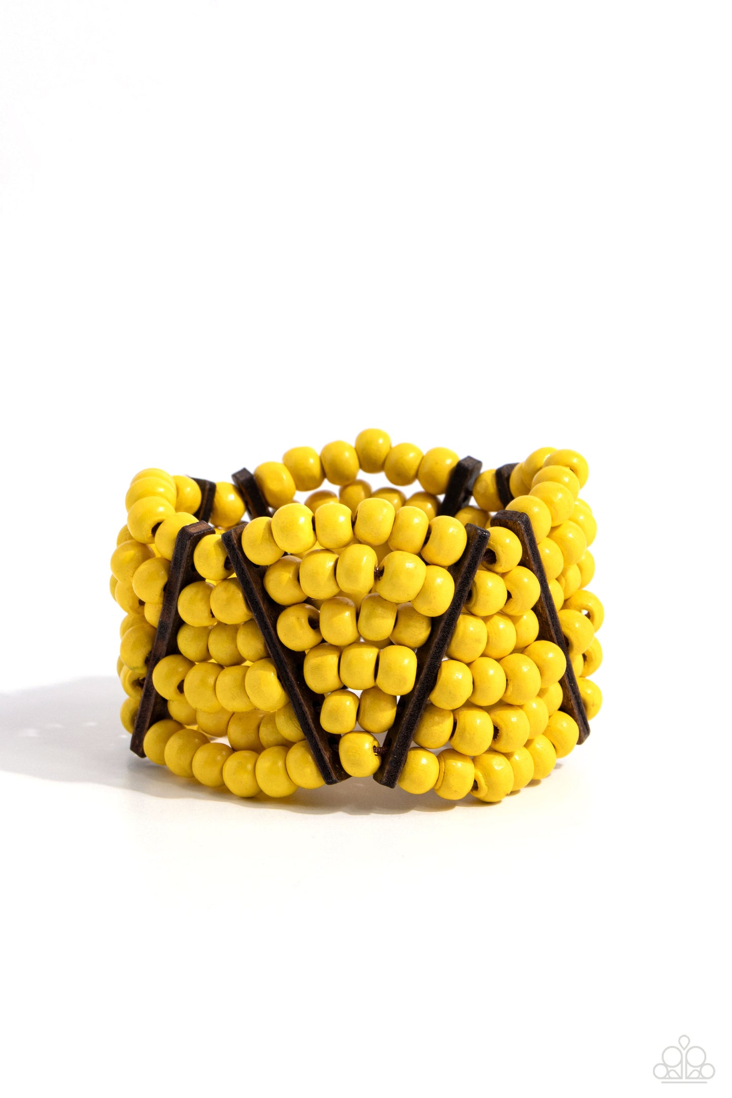 Paparazzi Accessories Way Off TROPIC - Yellow Stacked layers of vibrant yellow round wooden beads are threaded along stretchy bands making a bold statement. Slender wooden bars are woven in on an angle and lean in opposite directions as they work their wa