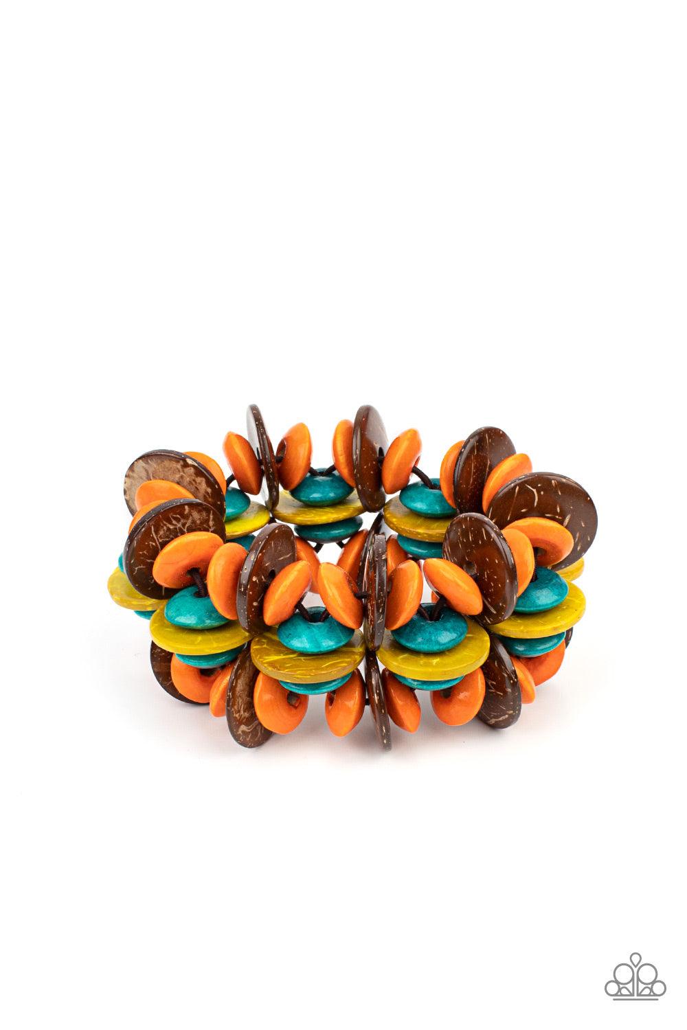 Paparazzi Accessories Caribbean Canopy - Multi A colorful collection of brown, orange, yellow, and turquoise disc-shaped wooden beads are threaded along stretchy bands creating a tropical island vibe around the wrist. Sold as one individual bracelet. Brac