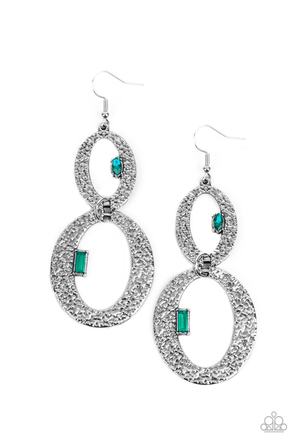 Paparazzi Accessories OVAL and OVAL Again - Green Infused with edgy marquise and emerald cut green rhinestones, hammered flat silver ovals delicately link into a gritty glamorous lure. Earring attaches to a standard fishhook fitting. Sold as one pair of e