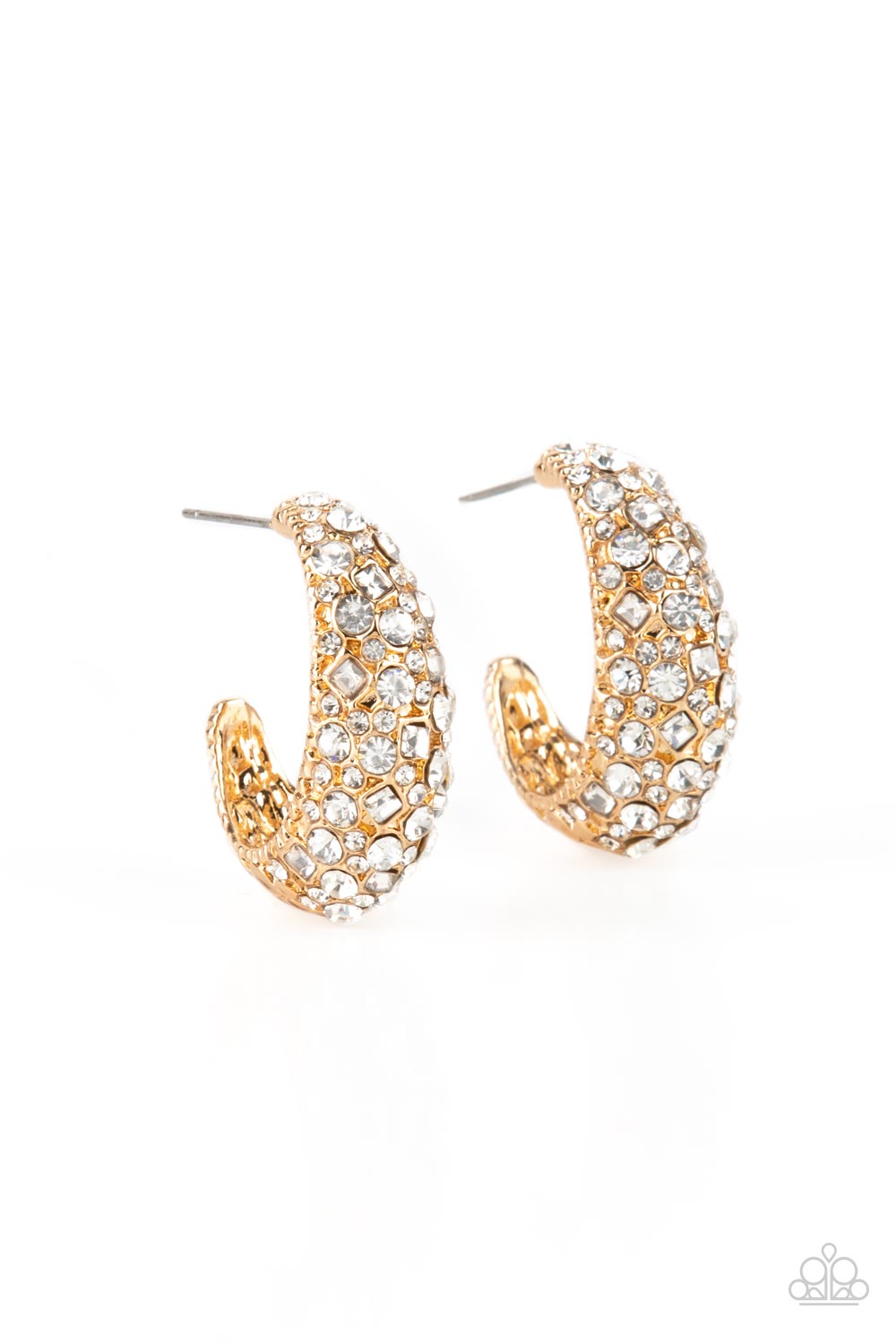 Paparazzi Accessories Glamorously Glimmering - Gold Featuring a beveled surface, a thick hammered gold hoop is haphazardly encrusted in round and square white rhinestones for a glamorously glittery finish. Earring attaches to a standard post fitting. Hoop