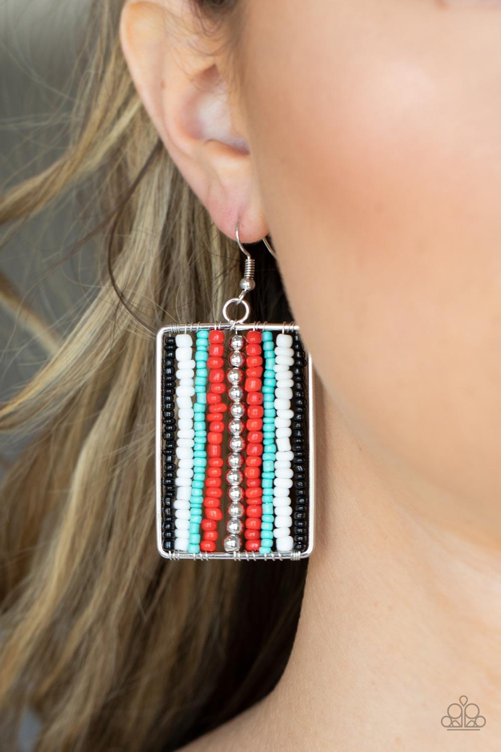 Paparazzi Accessories Beadwork Wonder - Red Infused with classic silver beads, rows of black, white, blue, and red seed beads are threaded along metal rods inside a rectangular frame for a colorful artisan inspired look. Earring attaches to a standard fis