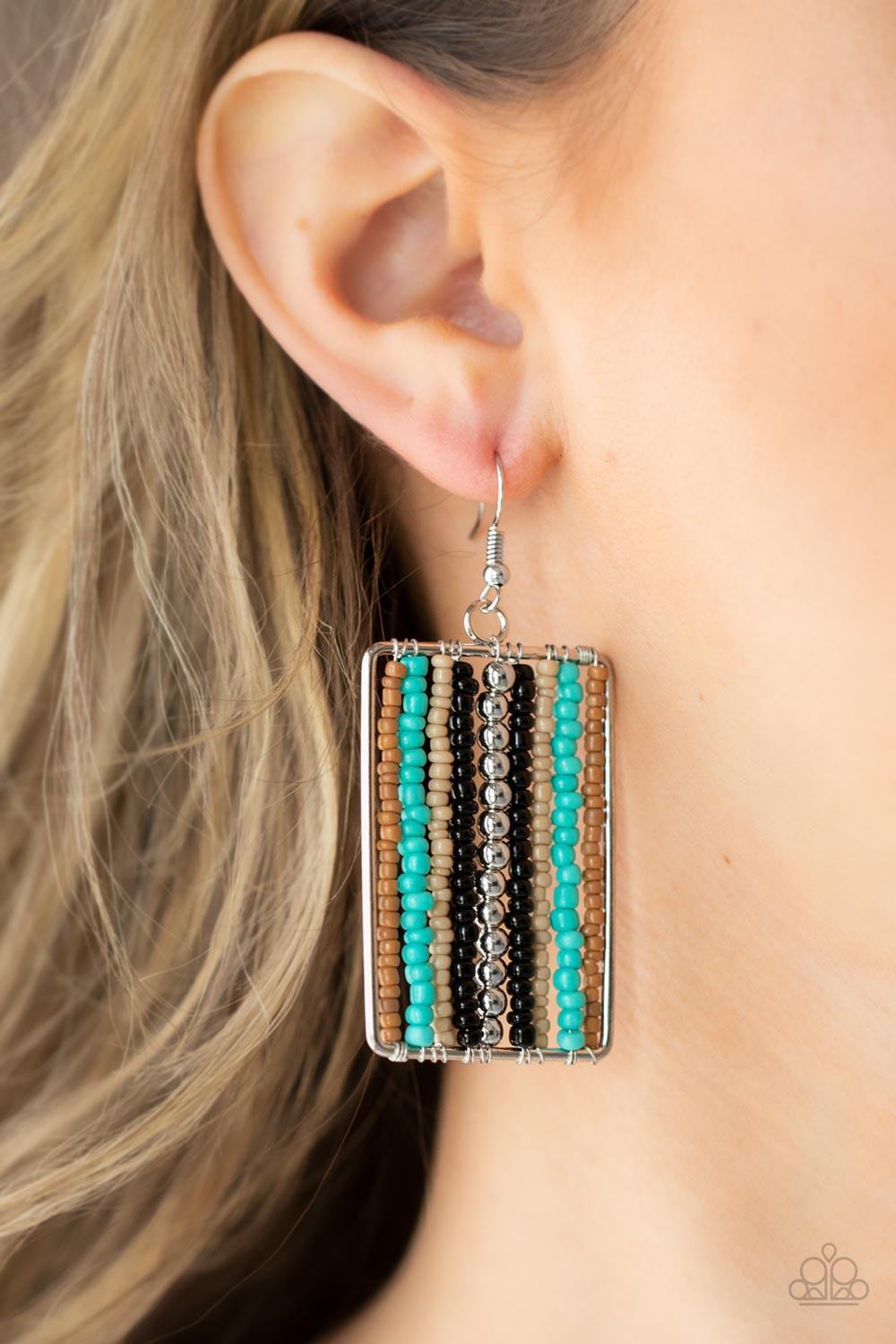 Paparazzi Accessories Beadwork Wonder - Black Infused with classic silver beads, rows of brown, turquoise, tan, and black seed beads are threaded along metal rods inside a rectangular frame for a colorful artisan inspired look. Earring attaches to a stand