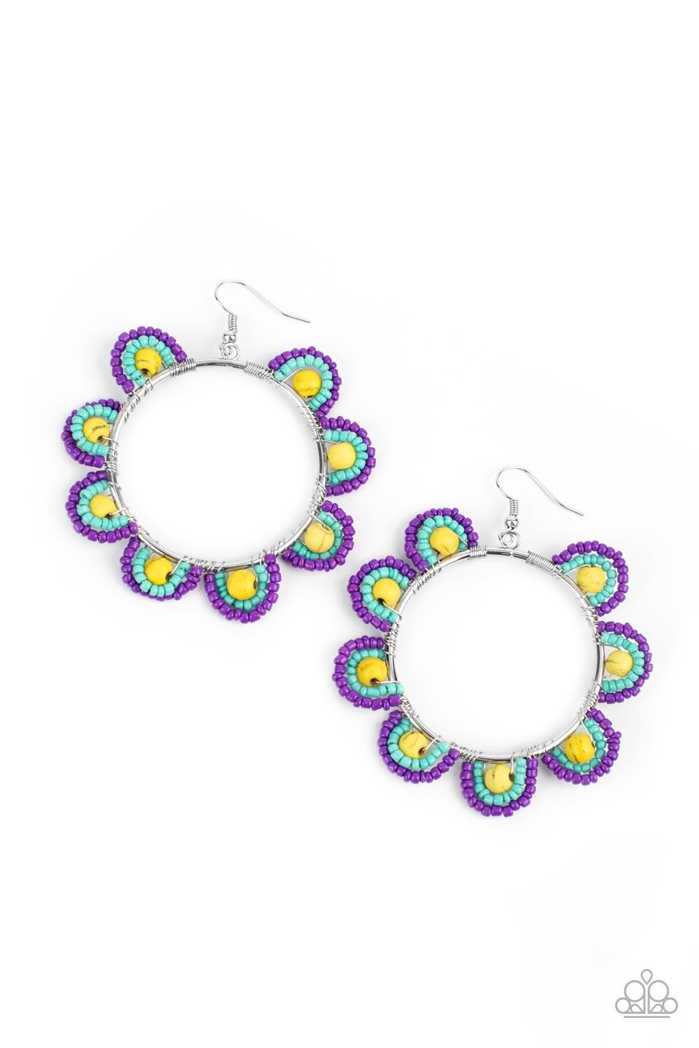 Paparazzi Accessories Groovy Gardens - Yellow Infused with sunny yellow stone bead centers, rows of purple and turquoise seed beads are threaded along dainty wires along the outside of a shiny silver hoop for a vivacious floral look. Earring attaches to a