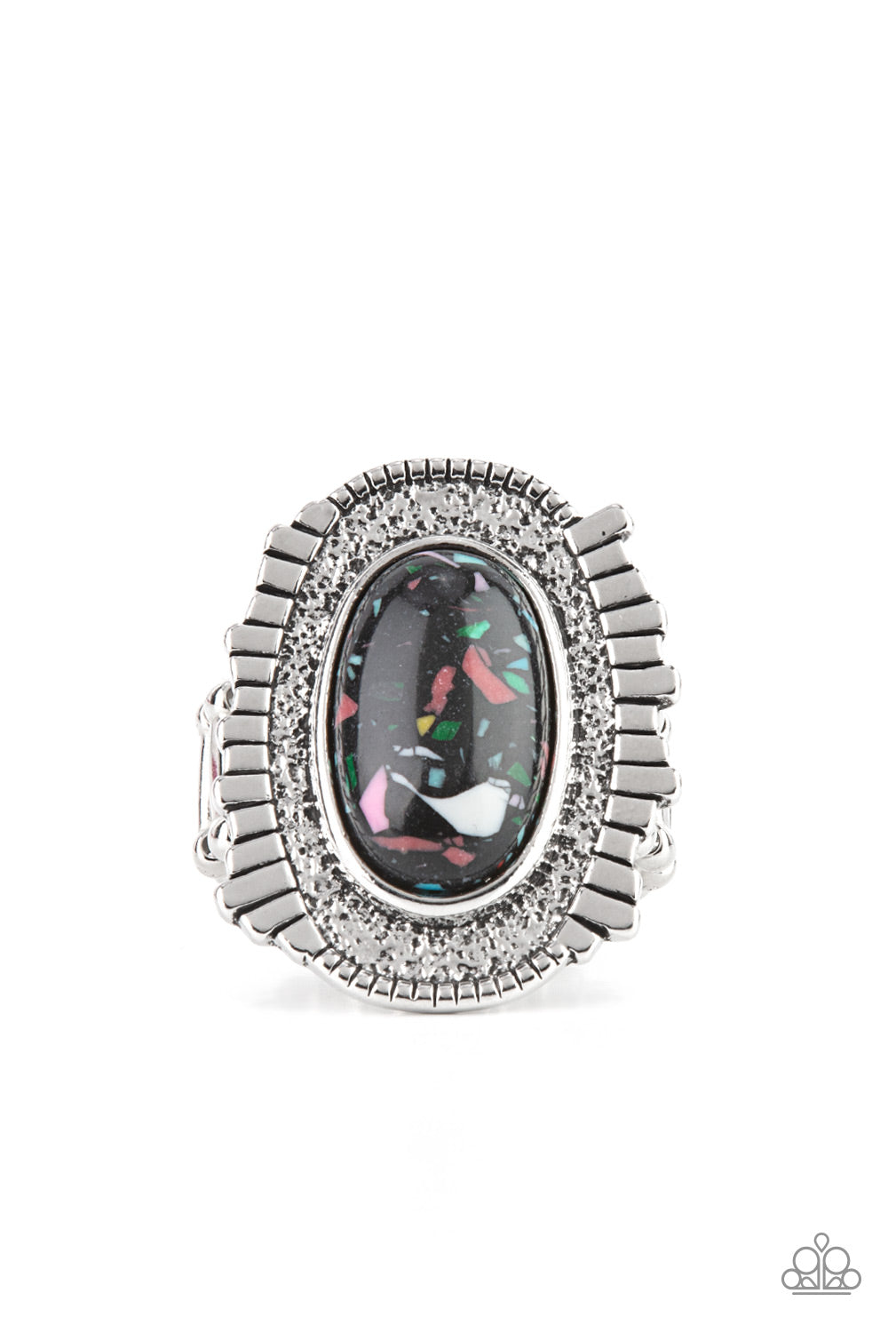 Paparazzi Accessories Terrazzo Trendsetter - Black Featuring a colorful terrazzo finish, an earthy black stone adorns the hammered center of an oversized silver frame adorned in an asymmetrical silver fringe for a hint of artisan edge. Features a stretchy