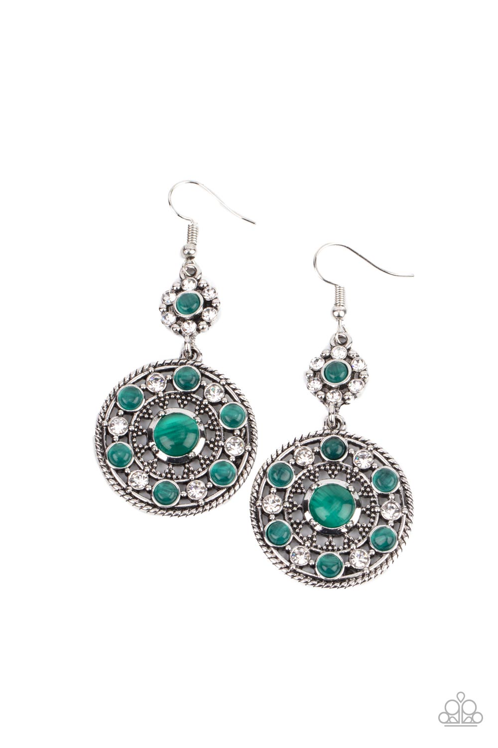 Paparazzi Accessories Party at My PALACE - Green A bubbly collection of Leprechaun cat's eye stones and glassy white rhinestones embellish the front of a studded silver frame. The circular frame swings from the bottom of a matching floral fitting, creatin