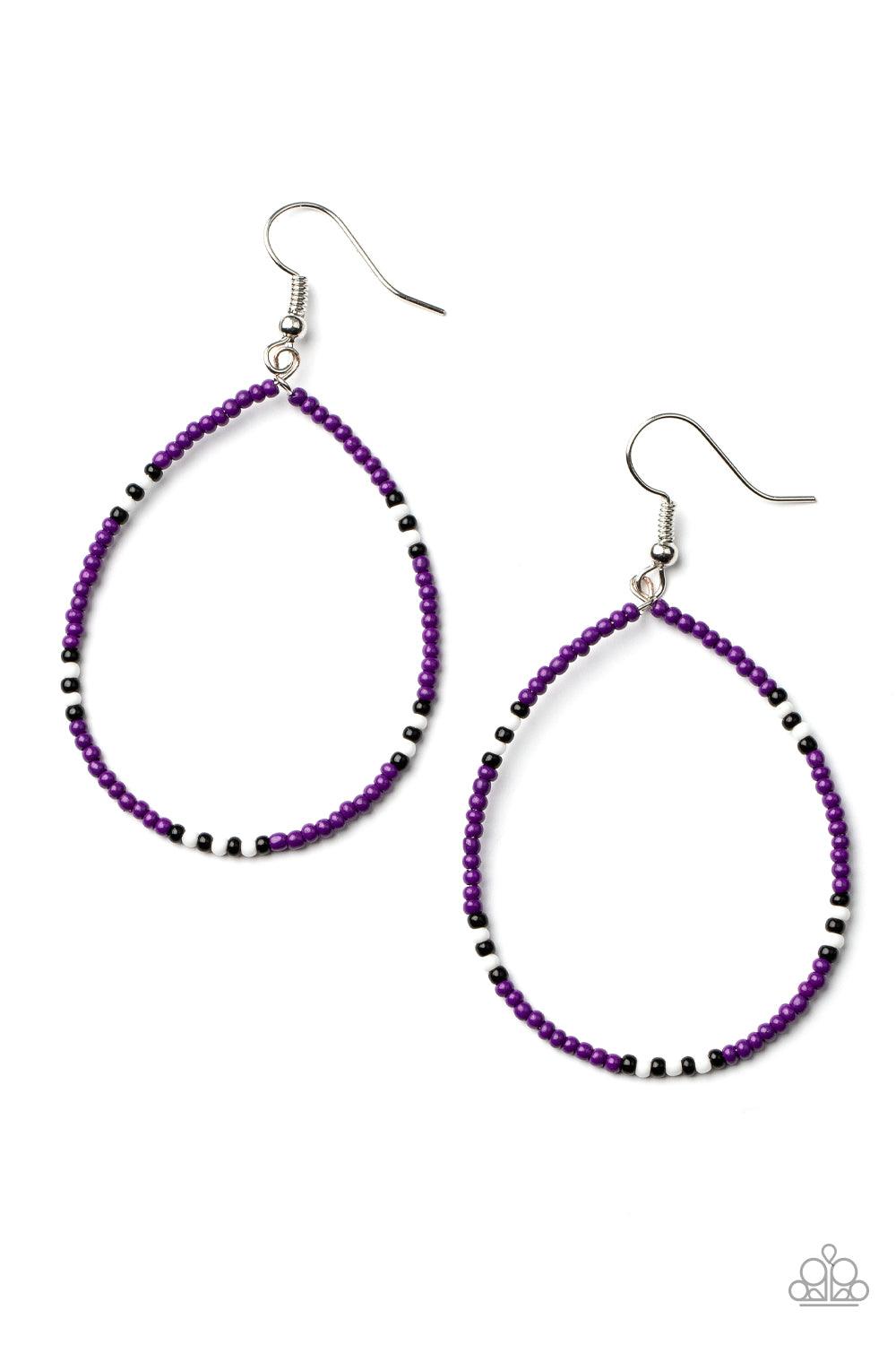 Paparazzi Accessories Keep Up The Good BEADWORK - Purple Broken up with sections of black and white seed beads, a dainty collection of purple seed beads are threaded along an invisible wire, creating a colorful teardrop. Earring attaches to a standard fis