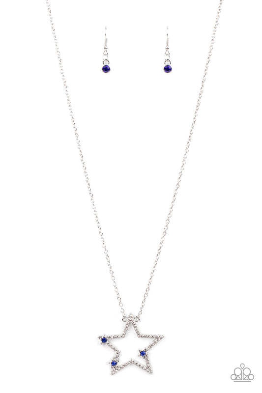 Paparazzi Accessories I Pledge Allegiance to the Sparkle - Blue Dotted with glassy blue rhinestone centers, a dainty trio of silver stars haphazardly dots the front of a white rhinestone encrusted silver star pendant for a stellar patriotic look. Features