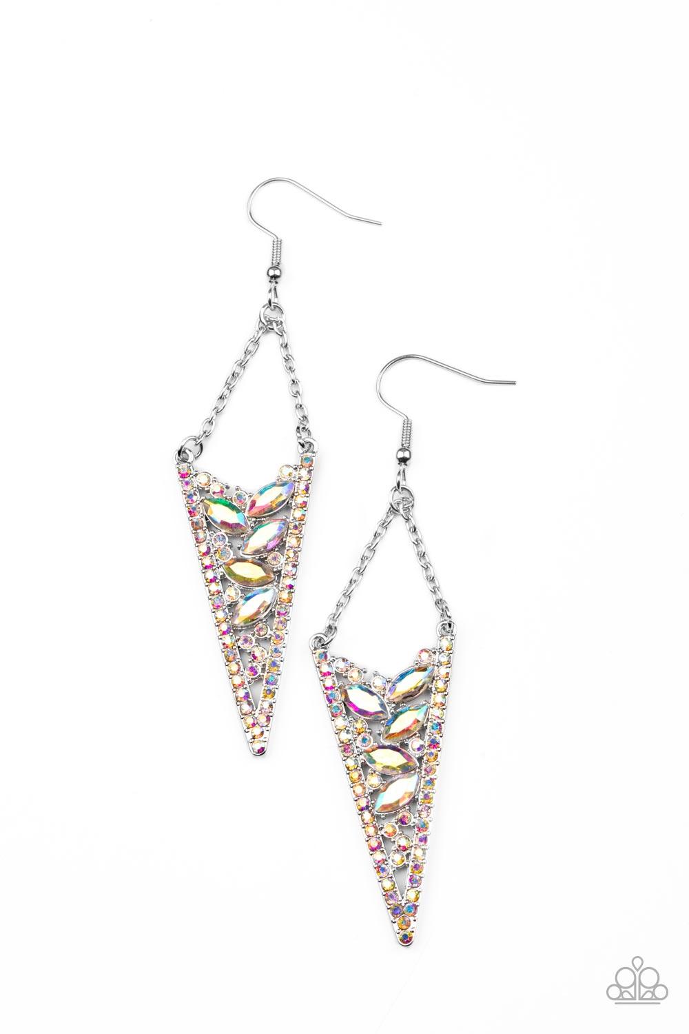 Paparazzi Accessories Sharp-Dressed Drama - Multi Suspended by silver chains, the center of an iridescent rhinestone encrusted silver frame is filled with round and marquise iridescent rhinestones for a flashy finish. Earring attaches to a standard fishho