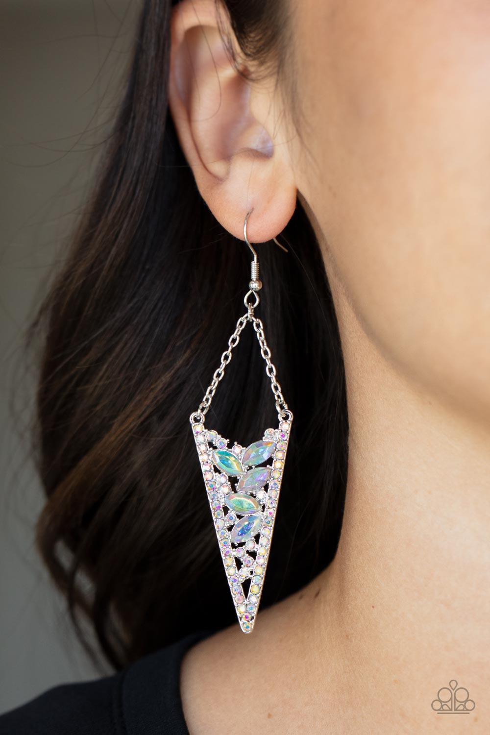Paparazzi Accessories Sharp-Dressed Drama - Multi Suspended by silver chains, the center of an iridescent rhinestone encrusted silver frame is filled with round and marquise iridescent rhinestones for a flashy finish. Earring attaches to a standard fishho