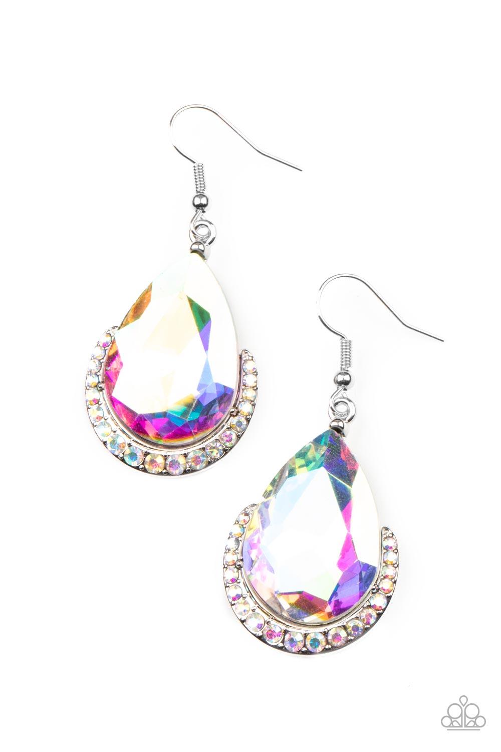 Paparazzi Accessories Mega Marvelous - Multi Dotted in iridescent rhinestones, a dainty silver bar curves around the bottom of a dramatically oversized teardrop rhinestone for a glamorous fashion. Earring attaches to a standard fishhook fitting. Sold as o