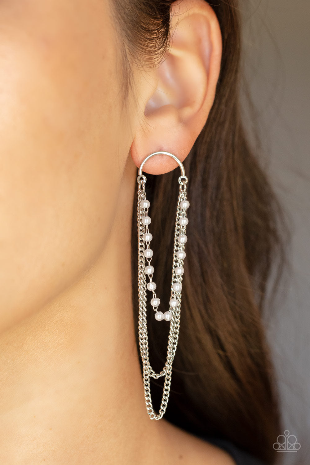 Paparazzi Accessories Vintage VIP - White Elegant trestles of dainty white pearls and shimmery silver chains cascade from the bottom of a silver half moon frame, creating a vintage inspired glamour. Earring attaches to a standard post fitting. Sold as one