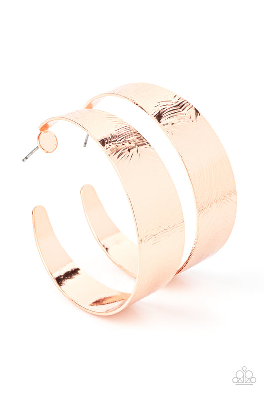 Paparazzi Accessories Curve Crushin - Copper Embossed in whirling geometric details, a thick shiny copper hoop boldly curls around the ear for a curvaceous look. Earring attaches to a standard post fitting. Hoop measures approximately 2" in diameter. Sold