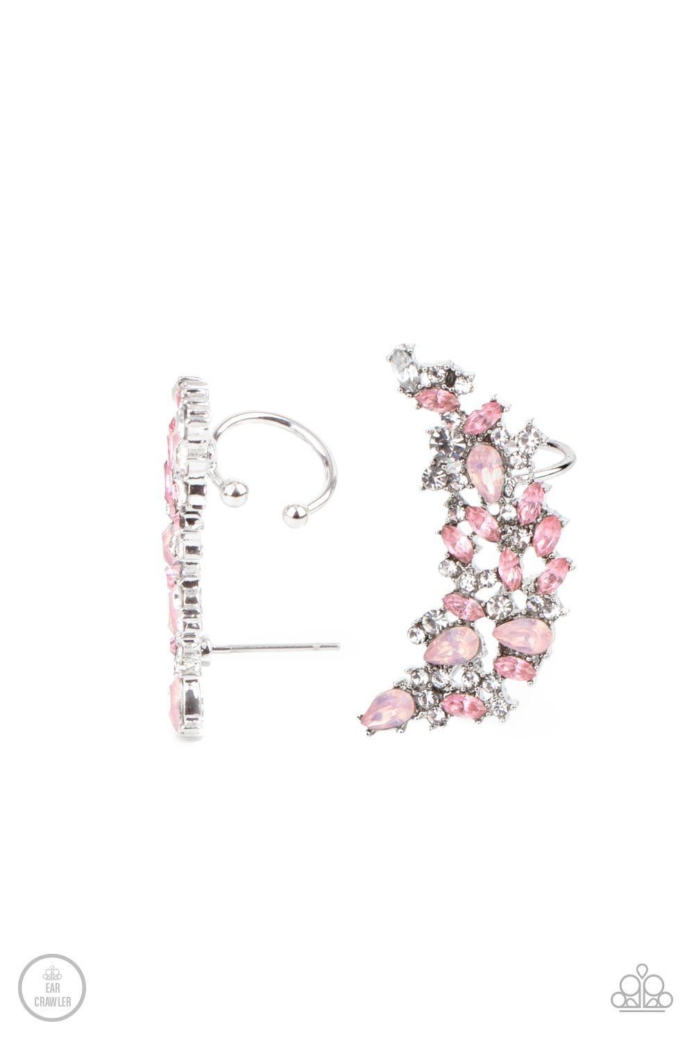 Paparazzi Accessories Prismatically Panoramic - Pink Varying in round, marquise, and teardrop cuts, a glittery explosion of pink, white, and opal pink rhinestones coalesces into panoramic sparkle. Features a dainty cuff attached to the top for a secure fi