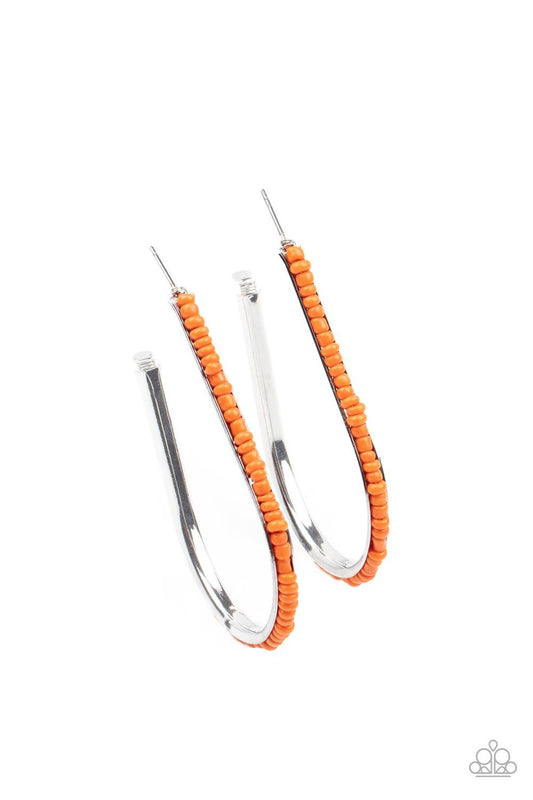 Paparazzi Accessories Beaded Bauble - Orange A dainty collection of orange seed beads embellish the beveled spine of a silver hook shaped hoop, creating a trendy pop of color. Hoop measures approximately 1 1/2" in diameter. Earring attaches to a standard
