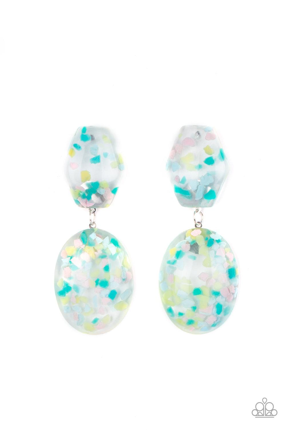 Paparazzi Accessories Flaky Fashion - Multi Featuring multicolored confetti-like flakes, a clear acrylic oval frame swings from the bottom of a matching hexagonal frame, creating a bubbly lure. Earring attaches to a standard post fitting. Sold as one pair