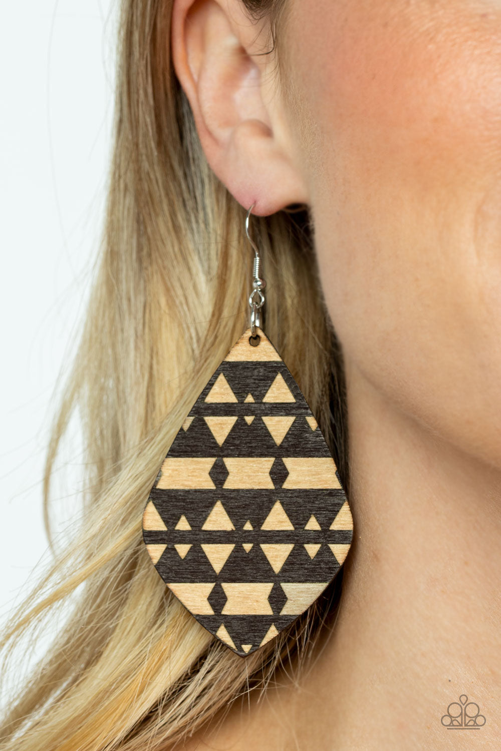 Paparazzi Accessories Zimbabwe Zoo - Brown A brown diamond shaped wooden frame is etched in a geometric tribal pattern, creating an earthy display. Earring attaches to a standard fishhook fitting. Sold as one pair of earrings. Jewelry