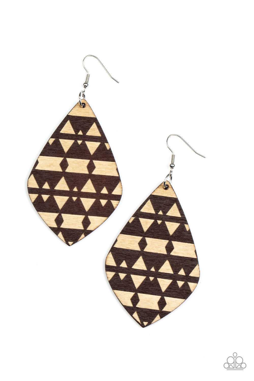 Paparazzi Accessories Zimbabwe Zoo - Brown A brown diamond shaped wooden frame is etched in a geometric tribal pattern, creating an earthy display. Earring attaches to a standard fishhook fitting. Sold as one pair of earrings. Jewelry