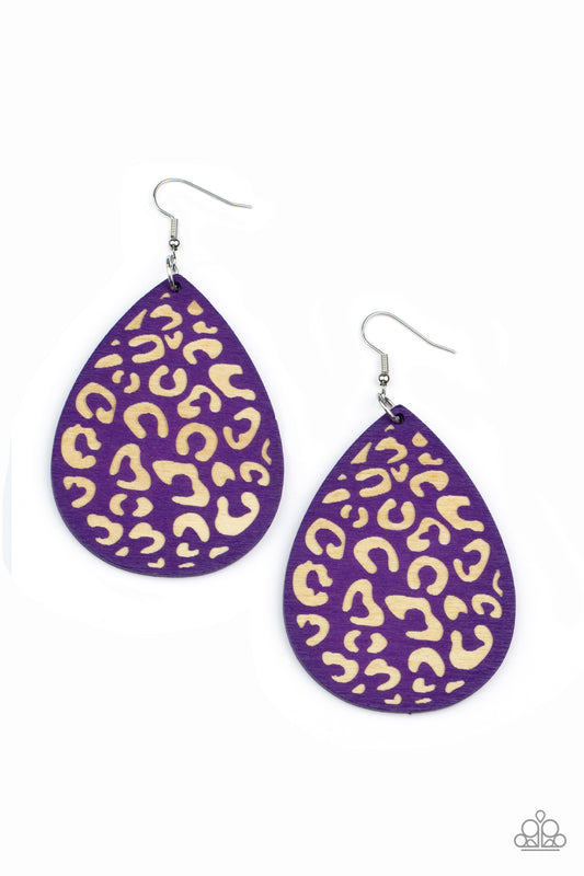 Paparazzi Accessories Suburban Jungle - Purple A purple wooden teardrop frame is etched in a cheetah-like pattern, creating a wildly fabulous fashion. Earring attaches to a standard fishhook fitting. Sold as one pair of earrings. Jewelry