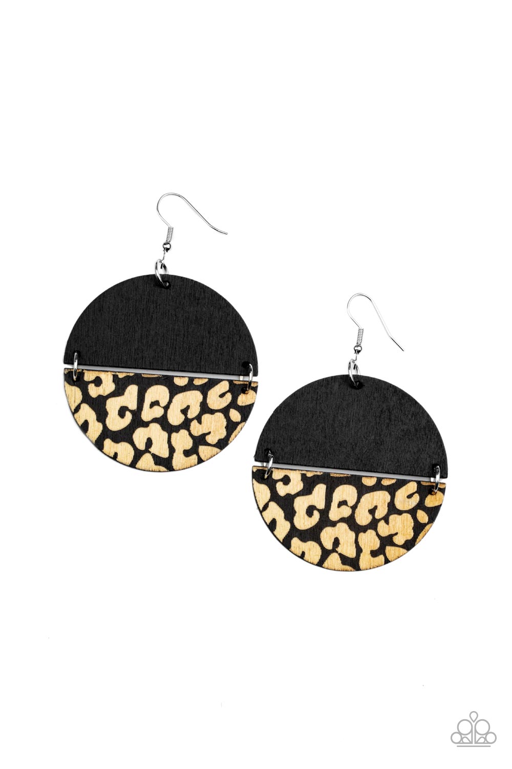 Paparazzi Accessories Jungle Catwalk - Black A plain black half moon wooden frame links with a matching wooden frame that has been etched in a cheetah-like pattern, creating a wild lure. Earring attaches to a standard fishhook fitting. Sold as one pair of
