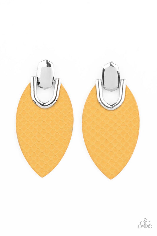 Paparazzi Accessories Wildly Workable - Yellow Featuring python-like texture, an oval yellow leather frame attaches to a bold silver fitting, creating a wild lure. Earring attaches to a standard post fitting. Sold as one pair of post earrings. Jewelry