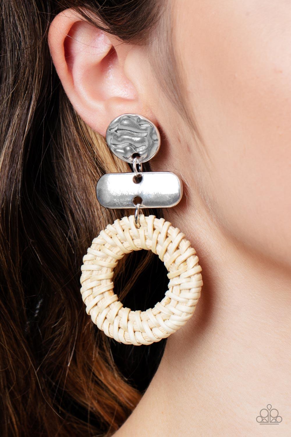 Paparazzi Accessories Woven Whimsicality - White A wicker-like hoop swings from the bottom of mismatched stacked silver frames, creating an earthy display. Earring attaches to a standard post fitting. Sold as one pair of post earrings. Earrings