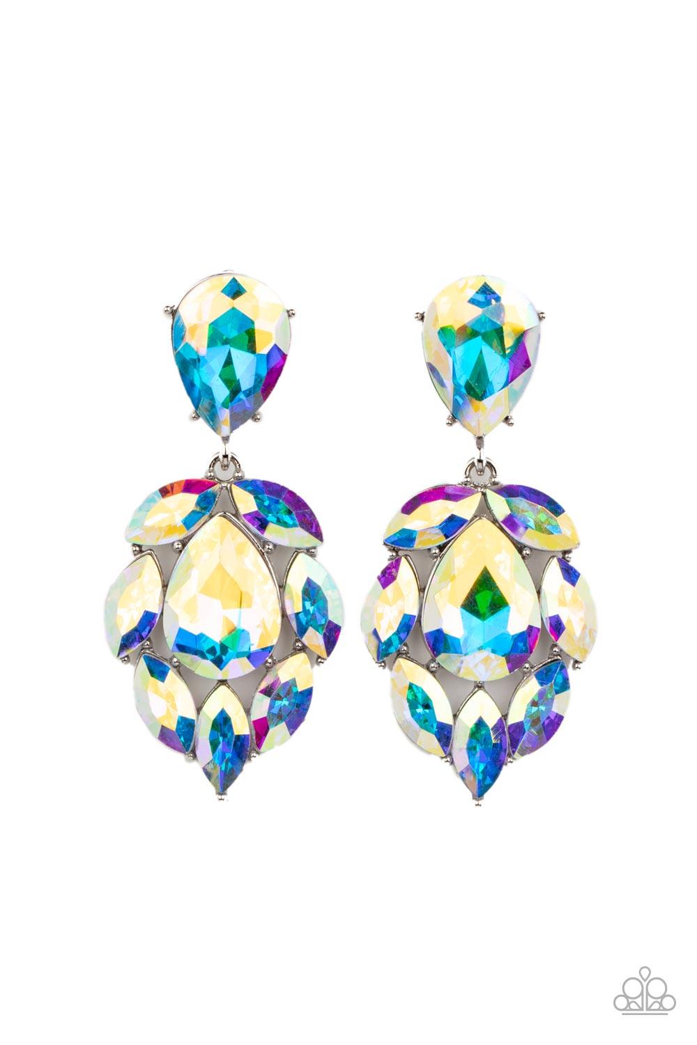 Paparazzi Accessories Galactic Go-Getter - Multi A stellar collection of marquise cut iridescent rhinestones nestle around an oversized teardrop iridescent rhinestone, creating a dramatically stellar display at the bottom of a matching oil spill teardrop