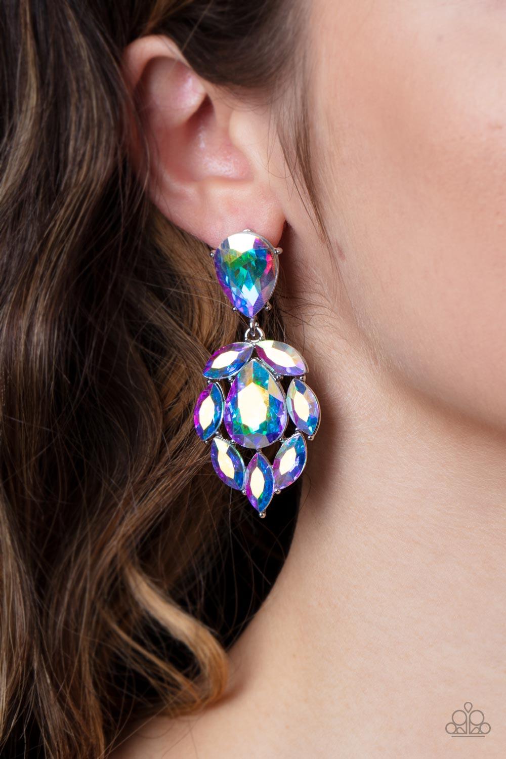 Paparazzi Accessories Galactic Go-Getter - Multi A stellar collection of marquise cut iridescent rhinestones nestle around an oversized teardrop iridescent rhinestone, creating a dramatically stellar display at the bottom of a matching oil spill teardrop