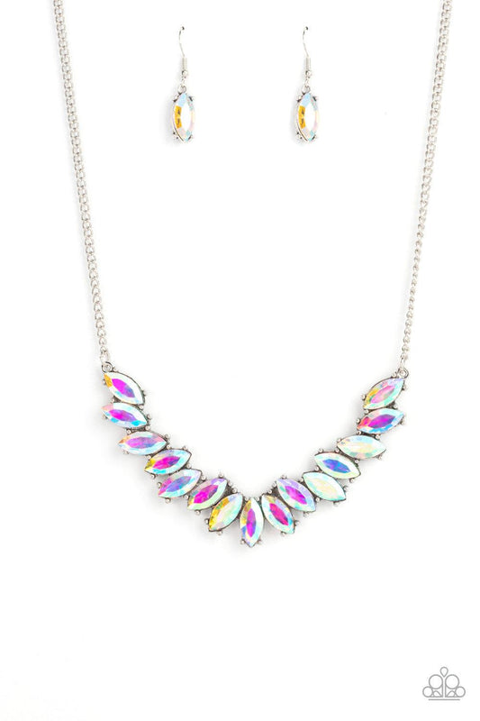 Paparazzi Accessories Galaxy Game-Changer - Multi Featuring pronged silver fittings, a sparkly series of iridescent marquise cut rhinestones fan out below the collar for a stellar statement-making look. Features an adjustable clasp closure. Sold as one in