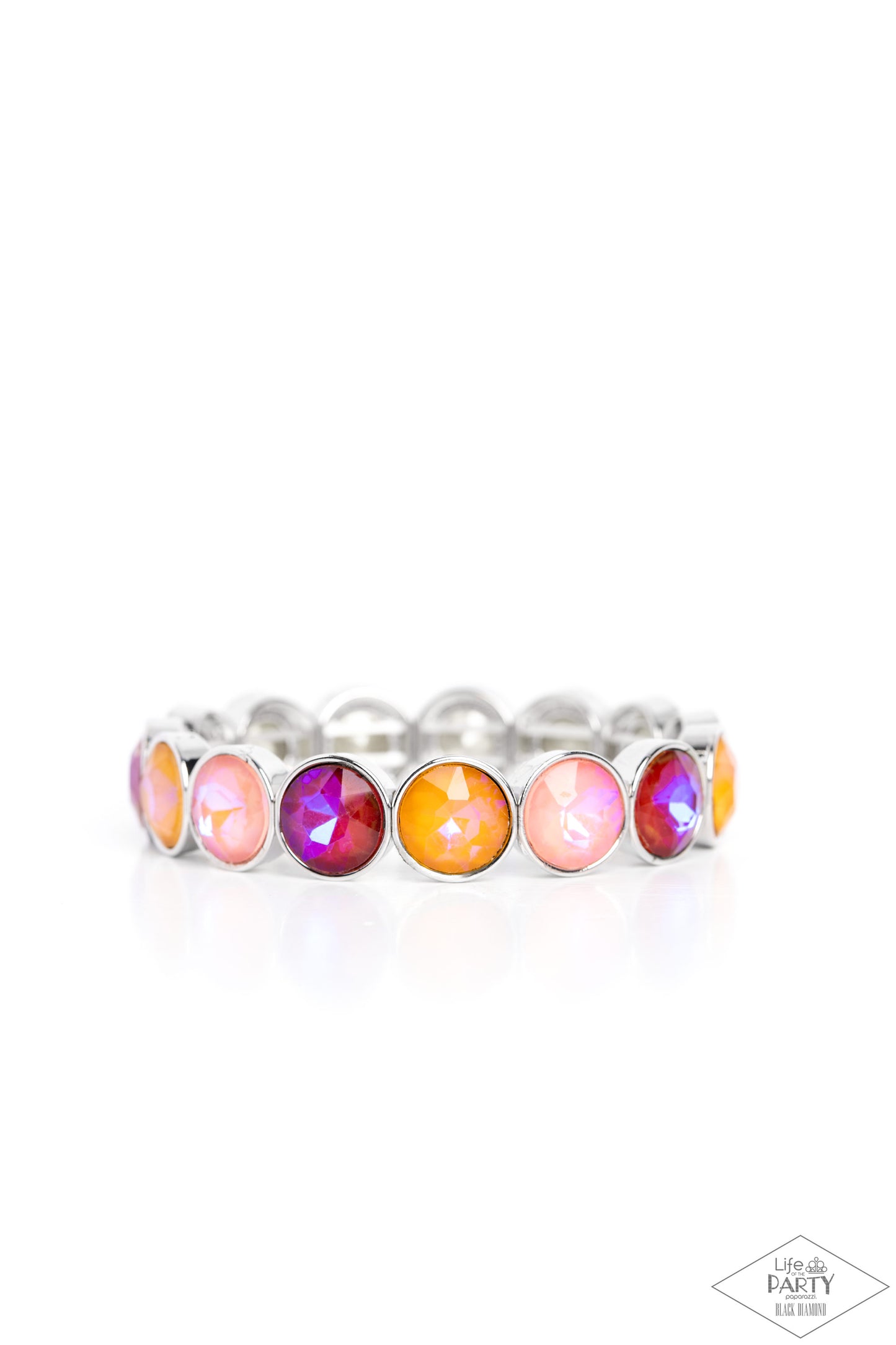 Paparazzi Accessories Radiant on Repeat - Orange Encased in sleek silver fittings, a sparkly series of opalescent orange, yellow, and coral rhinestones are threaded along stretchy bands around the wrist for a radiant finish. Sold as one individual bracele