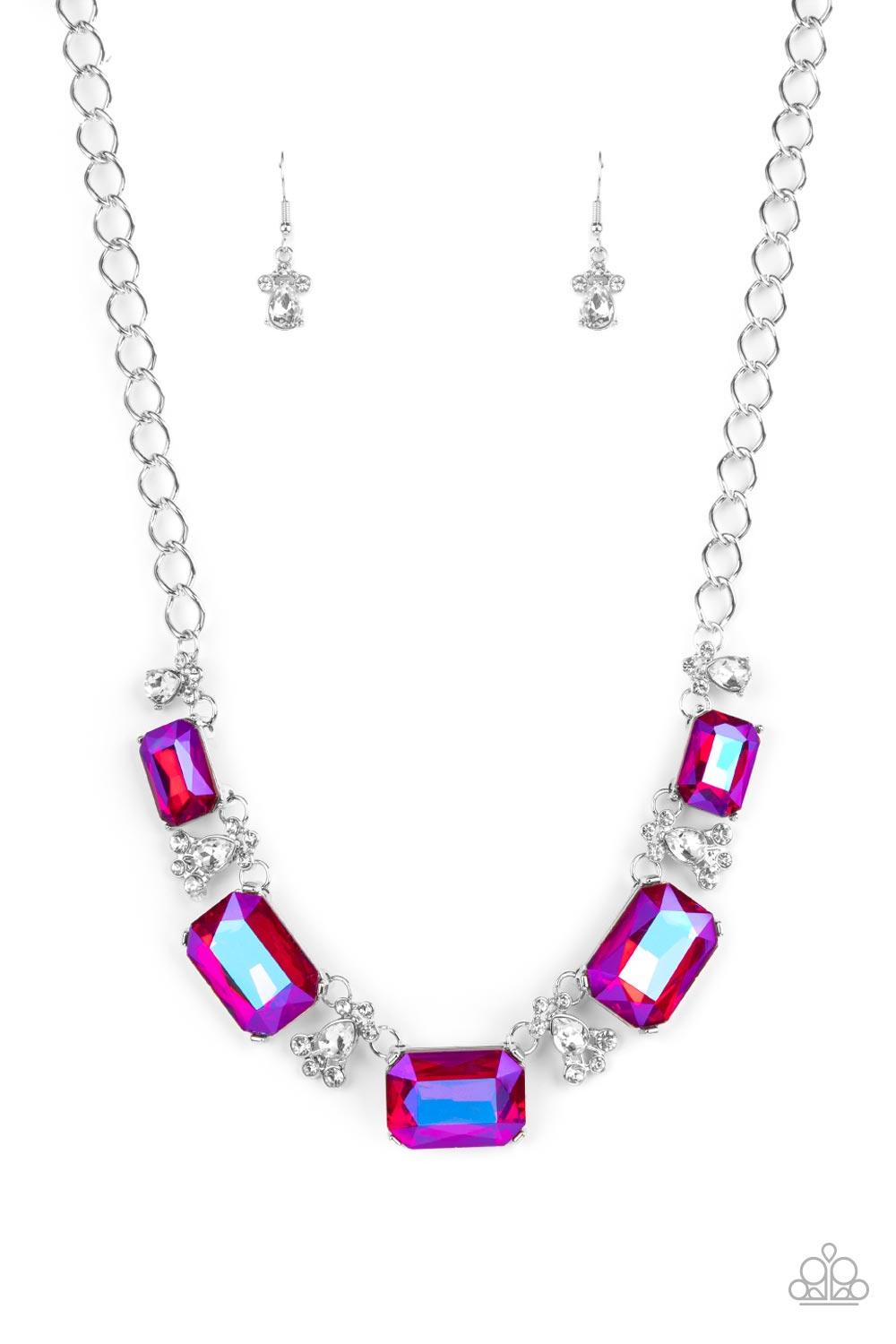 Paparazzi Accessories Flawlessly Famous - Pink Featuring a stellar UV finish, an oversized collection of emerald cut pink rhinestones link with white rhinestone dotted teardrop rhinestone frames below the collar for a jaw-dropping display. Features an adj