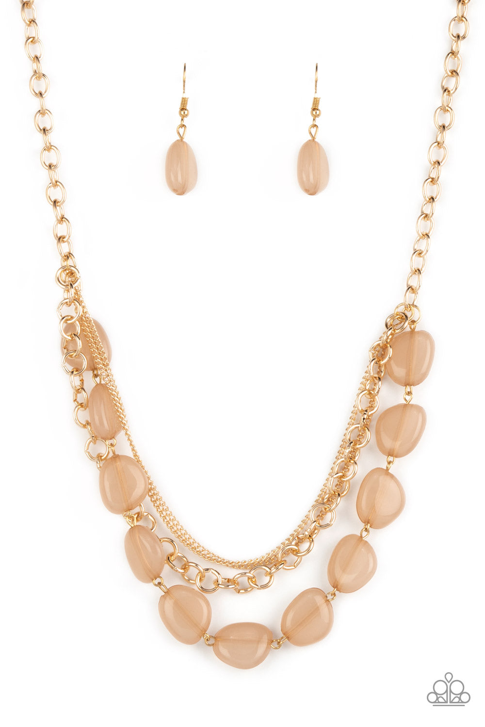 Paparazzi Accessories Pumped Up Posh - Gold Layers of dainty and classic gold chain mingle with a row of flattened asymmetrical champagne-colored beads for a polished and posh layered look below the collar. Features an adjustable clasp closure. Sold as on