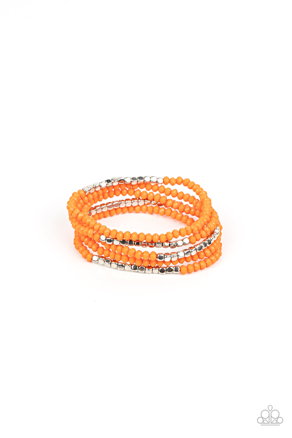 Paparazzi Accessories Tulum Trek - Orange Infused with sections of shiny silver cube beads, a flamboyant collection of faceted orange beads are threaded along stretchy bands around the wrist for a vivacious pop of color. Sold as one set of five bracelets.