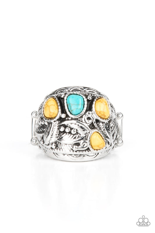 Paparazzi Accessories Down-To-Earth Detail - Yellow An asymmetrical collection of yellow and turquoise stones are scattered across the front of a textured silver frame adorned in feathery and studded details, resulting in an earthy centerpiece atop the fi