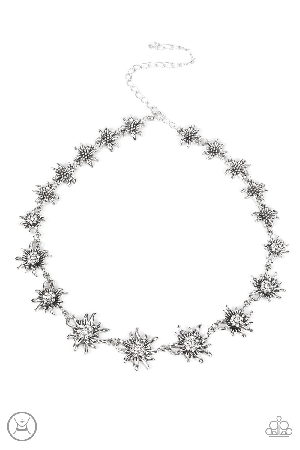 Paparazzi Accessories Get Up and GROW - White Featuring studded silver or white rhinestone encrusted centers, lifelike silver daisies gradually increase in size as they link around the necklace for a fashionably floral display. Features an adjustable clas
