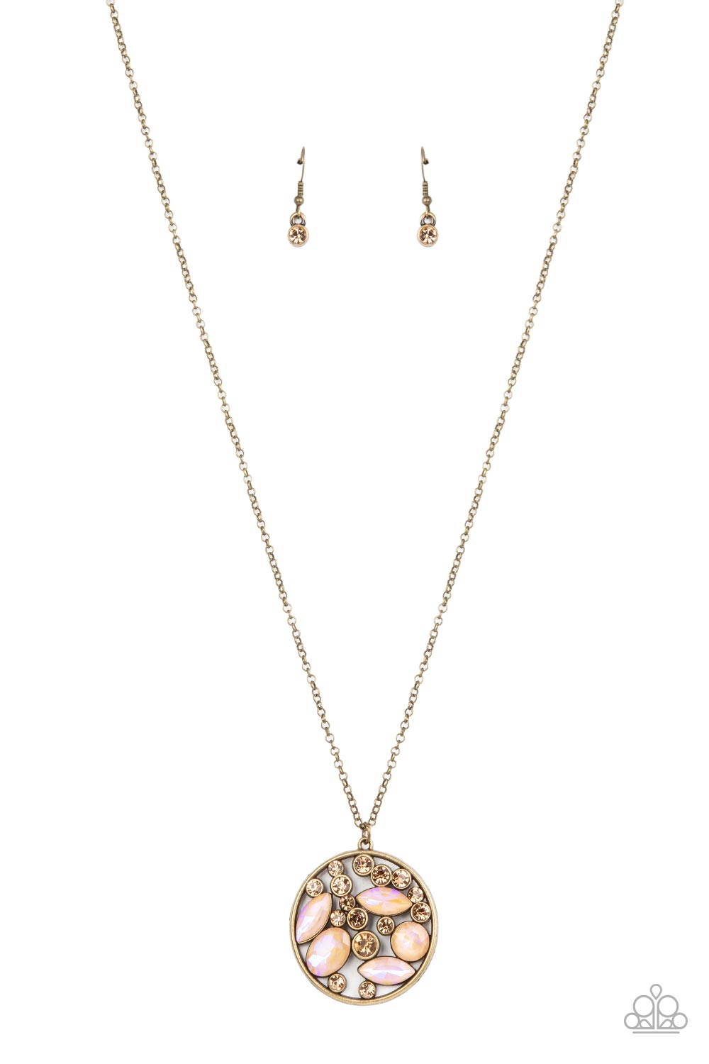 Paparazzi Accessories Iridescently Influential - Brown A bubbly collection of golden topaz rhinestones and round and marquise iridescent gems coalesce inside of a burnished brass frame, creating an effervescent pendant at the bottom of a brass chain. Feat