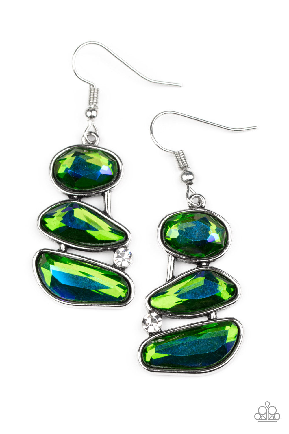 Paparazzi Accessories Gem Galaxy - Green Infused with a solitaire white rhinestone, an asymmetrical series of opalescent green gems delicately stack into an out-of-this-world centerpiece. Earring attaches to a standard fishhook fitting. Sold as one pair o